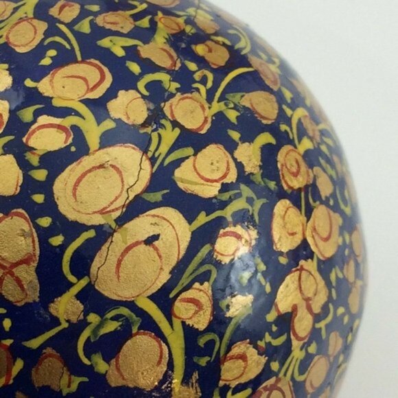 2 Blue Gold Handmade Paper Mache Christmas Balls Made in India DAMAGED - Picture 11 of 12